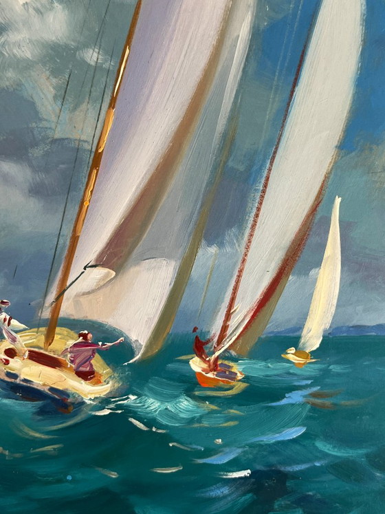 Image 1 of Dipinto ad olio originale raffigurante un paesaggio marino con onde, yacht e barche a vela in mare.