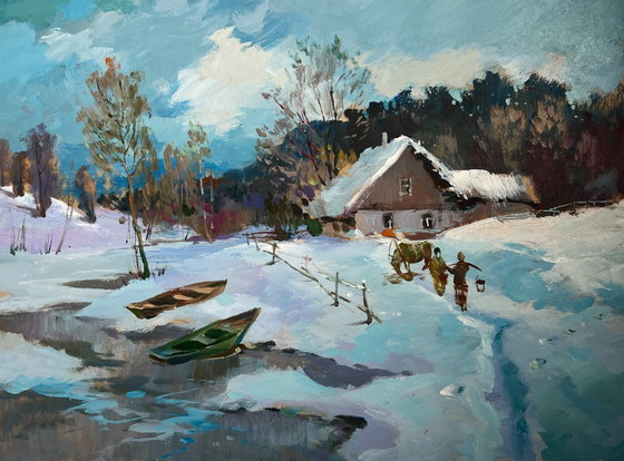 Image 1 of Original Oil Painting Winter House Landscape Path through snowdrifts