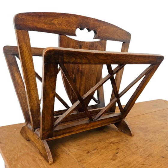 Image 1 of Vintage French magazine rack solid oak magazine rack 1950's