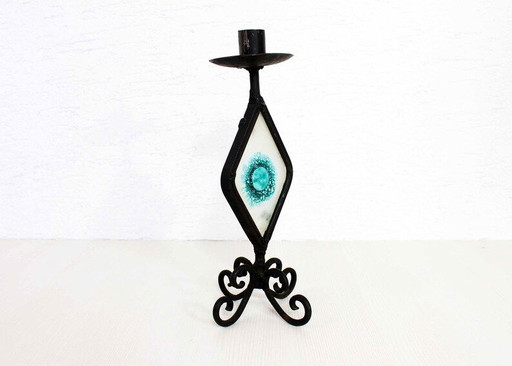 Beautiful wrought iron candle holder with stained glass