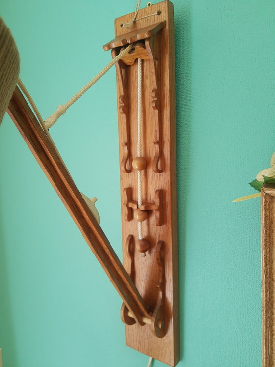 Image 1 of Unique original 70s 3-position fold-out wooden wall lamp with original lampshade