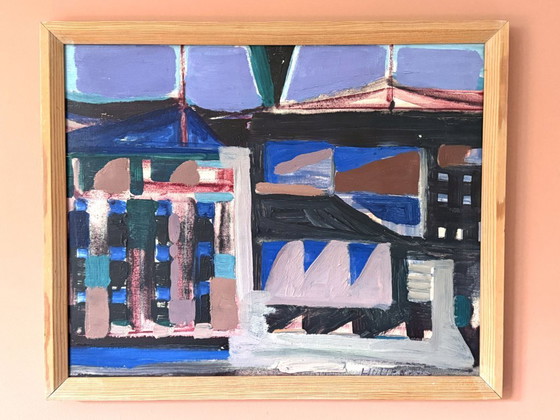 Image 1 of Peinture à l'huile originale abstraite des années 1950 « Abstract Metropolis » de Tore Hultcrantz