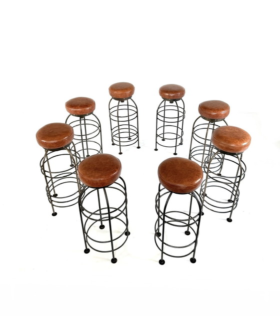 Image 1 of 8x vintage bar stool, wrought iron & leather '80s