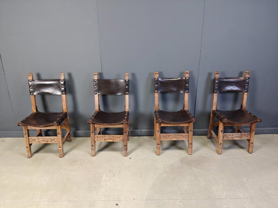 Image 1 of Vintage brutalist leather spanish dining chairs, 1960s