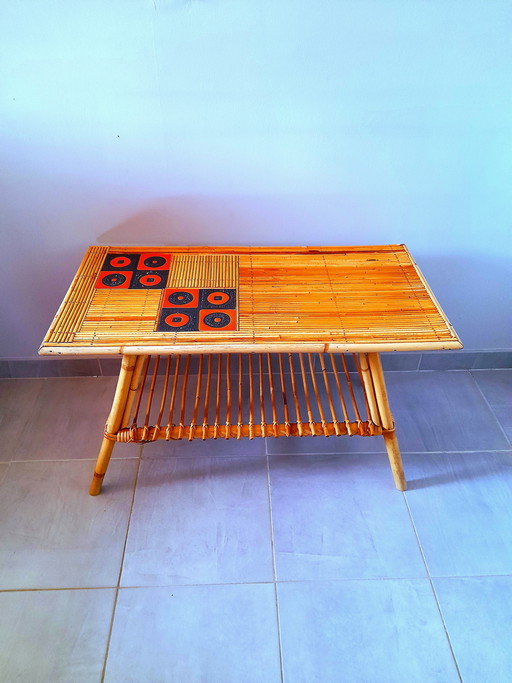 Audoux Minet/Capron Rattan-Couchtisch, 1950