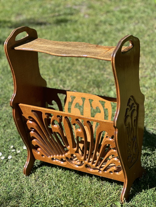 Elegant Vintage Magazine Rack with Ornate Cutouts - Wood | Art Deco Style Dimensions: H 60 cm x W 47 cm x D 24 cm