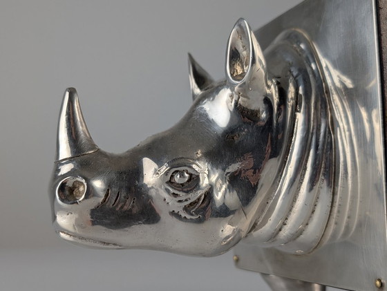 Image 1 of Almazán Rhino Bottle Holder, Mid-Century Modern Wood & Nickel Silver, 1960s