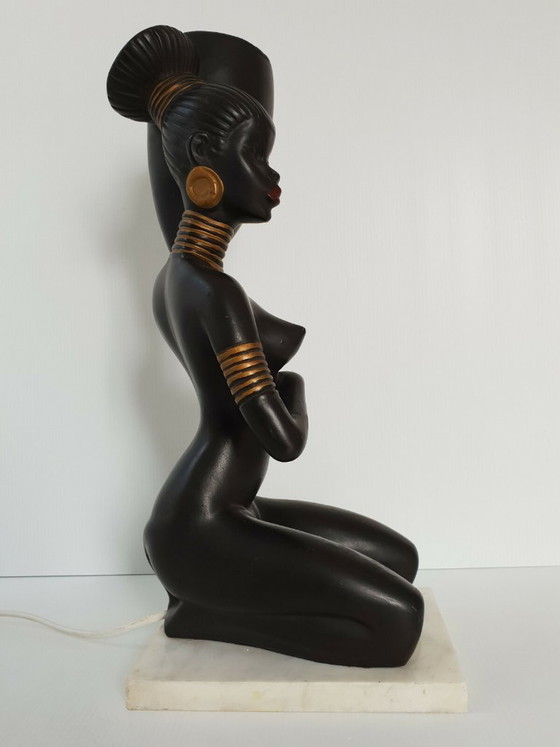 Image 1 of 1950s Vintage African Rockabilly Table Lamp, Ceramic & Marble