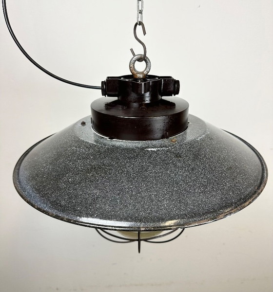 Image 1 of Industrial Grey Enamel Factory Hanging Cage Lamp, 1960s