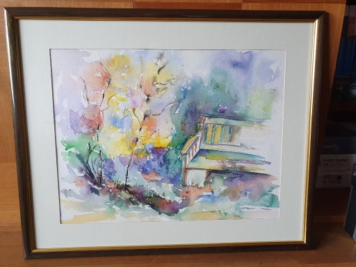 Original watercolor "Garden bench in flower garden" (1991) – signed Kim – professionally framed – schilderijen tekeningen