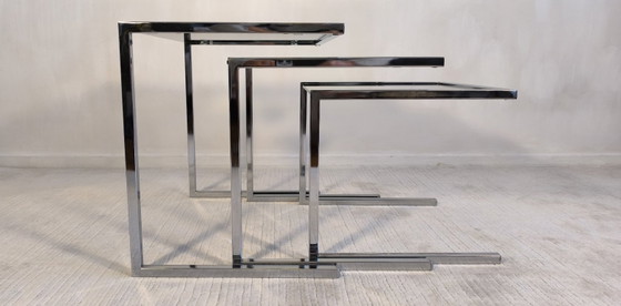 Image 1 of 😍✨ Set of 3 vintage chrome and smoked glass nesting tables, Roche Bobois / Guy Lefèvre style – 1970s ✨😍