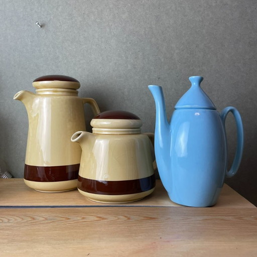 Portugiesische Mid Century braune und blaue Porzellan Tee-Kaffeekannen, Sado International, 3er Set