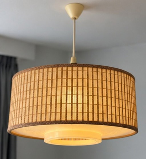 Suspension Philips vintage milieu du siècle avec abat-jour en fibres naturelles tissées – hanglampen, Plastic, Textile