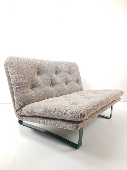 Vintage Artifort Bankje Kho Liang Le Beige Ploegstof Groen – 2 zitsbanken, Metal, Wool