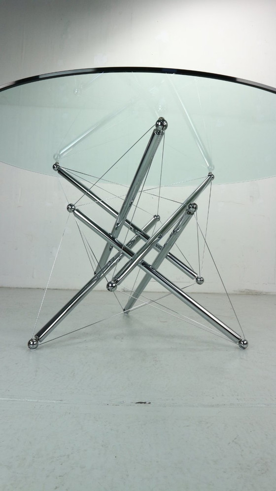 Image 1 of Tavolo da pranzo in acciaio cromato 714 Tensegrity di Theodore Waddell per Cassina, anni '80