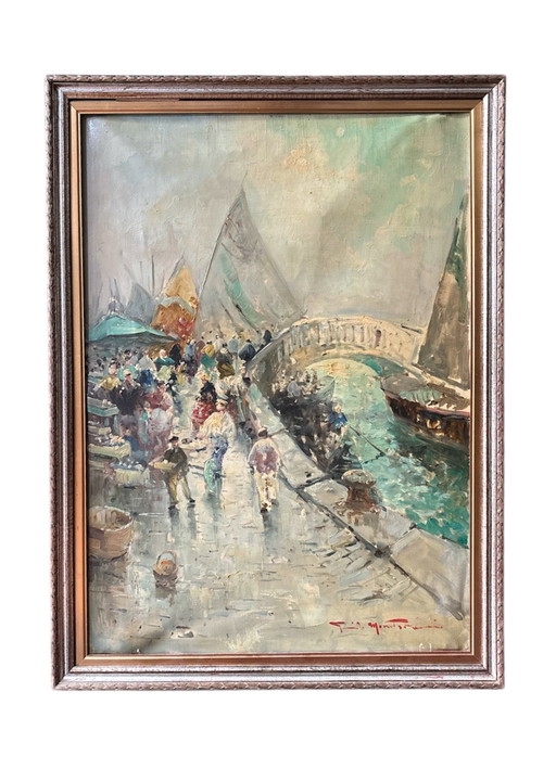 Oil Painting on Canvas of a Venetian Canal View by Guido Mantovani, Early Twentieth Century – schilderijen tekeningen