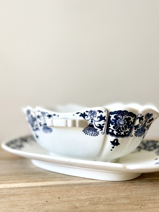 Image 1 of Vintage Gien France Gravy Boat with Stand Blue White Faience - French Mid-Century Pottery Collectible Tableware