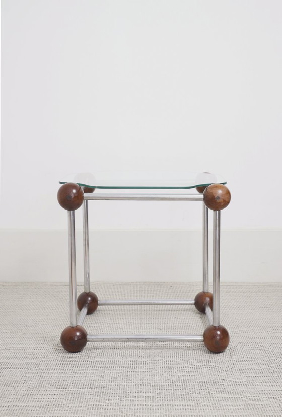 Image 1 of  Atomic MCM Side Table Vintage 1970s Mid Century Modern Space Age Chrome Glass Wood Sphere Joints Molecular Coffee Table 