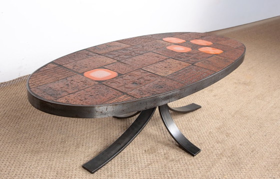 Image 1 of Coffee table in Lava stone, Ceramic and Steel by Jean Jaffeux 1960.