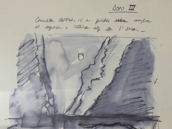 Image 1 of Framed original artwork with figurative scene and handwritten notes, 1980s