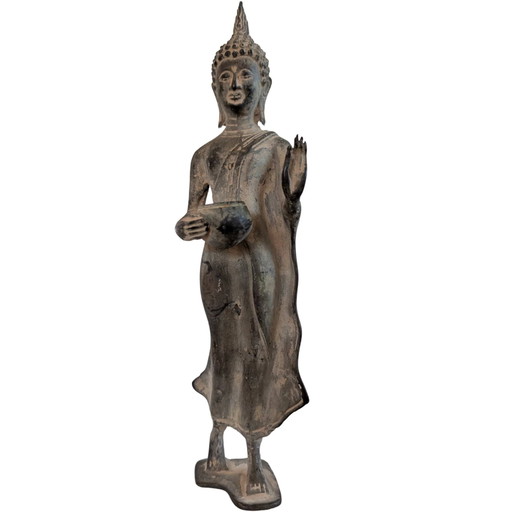 Buda tailandés de bronce de pie con cuenco de limosnas y Abhaya Mudra - 29 cm