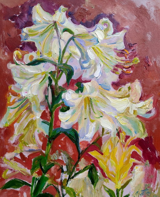 Original Oil Painting Nature Flowers Lilies