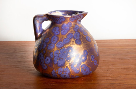 Image 1 of Vaso e versatore in stile Art-Nouveau in ceramica smaltata viola iridescente di Léon Pointu, Grès de Puisaye, 1910.