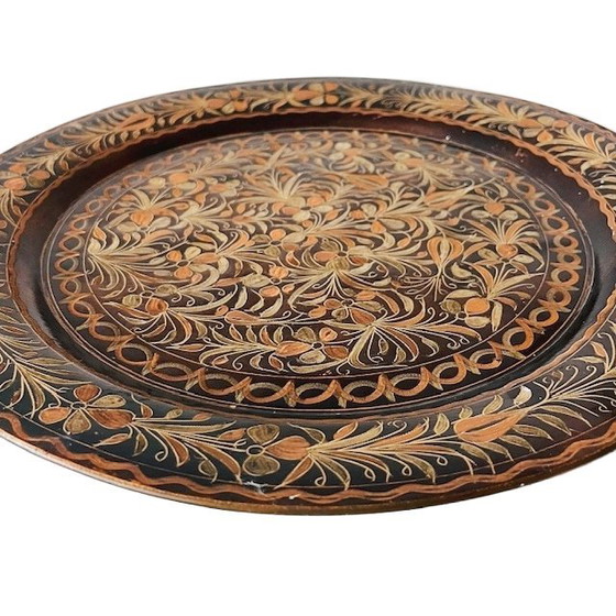 Image 1 of Vintage koperen geëtst Turks sierbord Istanbul bloem Oosters 1970's