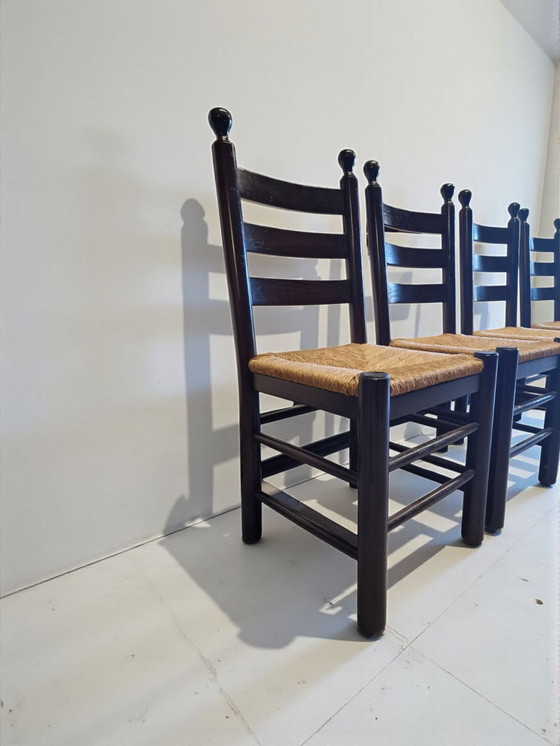 Image 1 of Stile di Charles Dudouyt – Sedie da pranzo rustiche con schienale a pioli (metà secolo, Francia)
