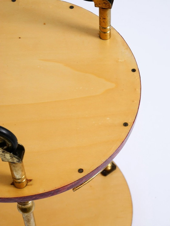 Image 1 of Round, small 1960s Aldo Tura serving or bar trolley in red goatskin leather | Made in Italy