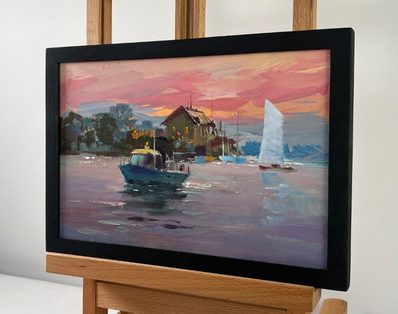 Image 1 of Peinture à l'huile originale, paysage de village au crépuscule, bateau sous les fenêtres de la mer