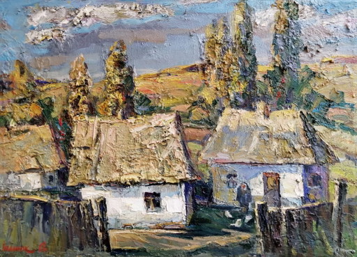 Original Oil Painting: Rural Landscape, Village Life Indian Summer