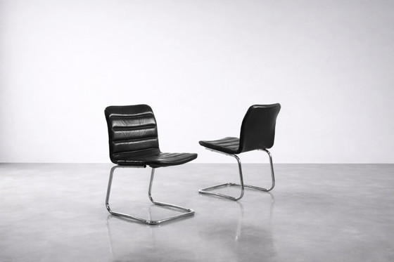 Image 1 of Vintage Mid-Century Minimalist Chrome & Black Leather Club Chairs from POL International, 1960s, Set of 2