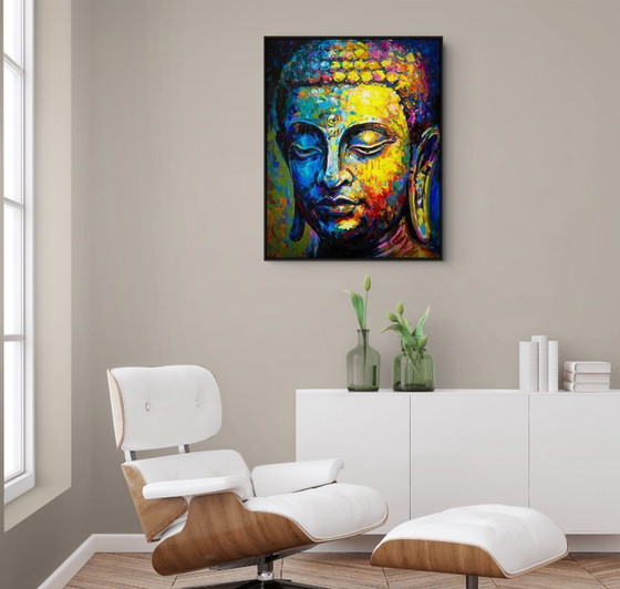 Image 1 of Unique hand-painted Buddha painting “Radiant Silence” – Seksak Jaichumchen – 80×100 cm