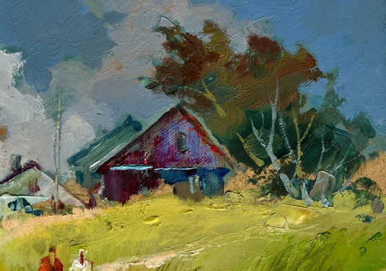 Image 1 of Original Oil Painting Summer Village Landscape A couple walking through a field