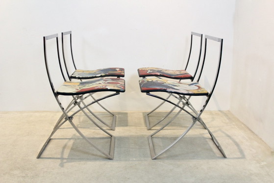 One off Hand painted set of four ‘Luisa’ Dining Chairs by Marcello Cuneo, polished steel, Chrome (photo 3 of 15)