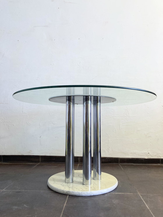 Image 1 of Round Italian dining room table from the 70s marble glass chrome