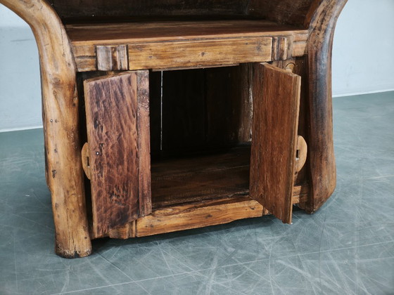 Console en Bois Massif Rustique Asiatique des Années 70, Buffet Primitif Sculpté à la Main, Marron (photo 8 sur 14)