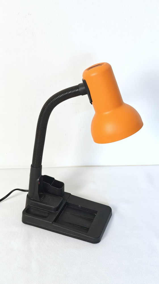 Vintage Orange Gooseneck Desk Lamp, 1990s Memphis Style Task Light, Organizer Base, Table lamps, Plastic (photo 6 of 9)