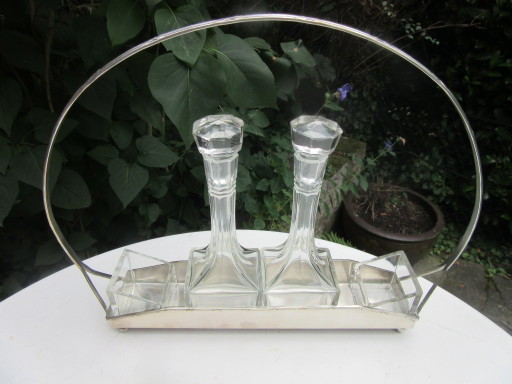 Essig- und Ölständer, versilbert und aus Kristallglas, Jugendstil, Vintage