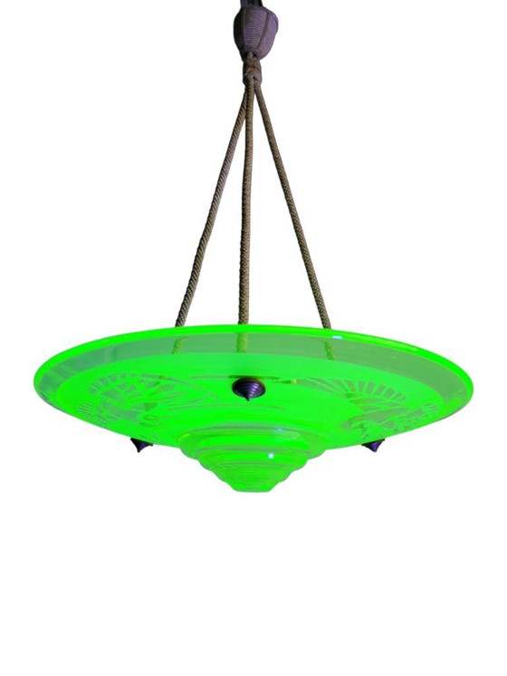 Image 1 of Very rare French Art Deco uranium chandelier from ca. 1925 by André Delatte with etched bird motif