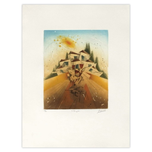 Georges Dussau Gravure Signée Village 1981 – lithos zeefdrukken, Paper