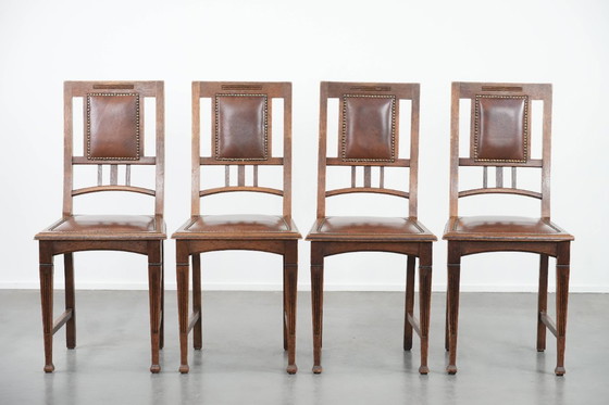 Image 1 of 4 x Antique Oak Dining Chairs in Art Nouveau Style with Cognac-Colored Cowhide Leather