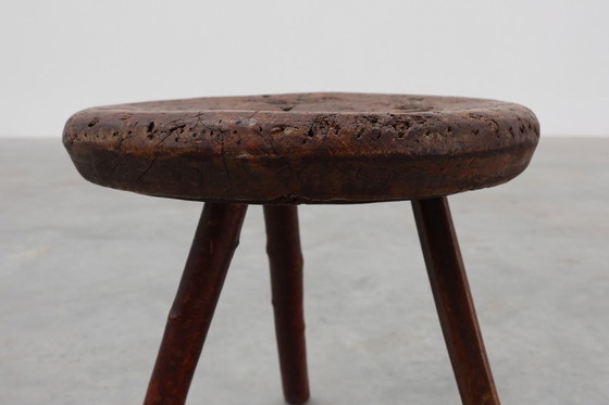 Image 1 of Rustic Wabi Sabi style solid oak tripod stool, France ca. 1850