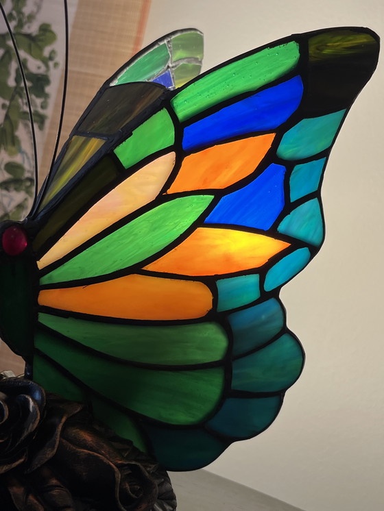 Image 1 of Set of 2 Stained Glass Table Lamps Butterfly Lamps
