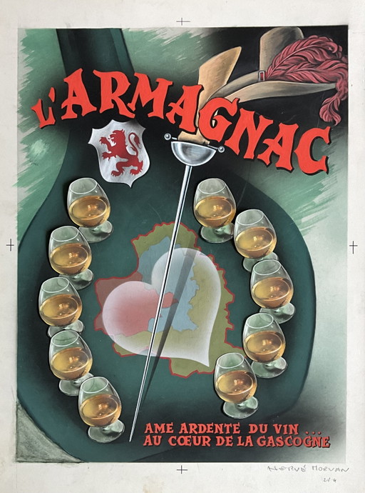 Original French Armagnac Advertising Artwork by Hervé Morvan – schilderijen tekeningen, Paper