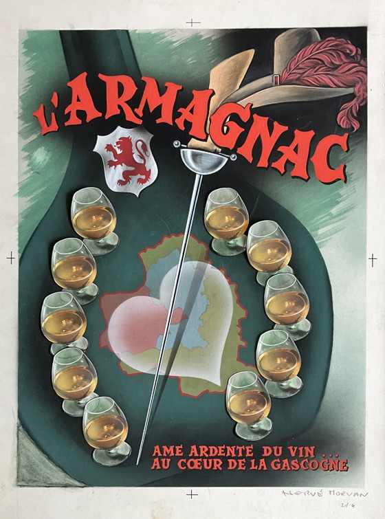 Image 1 of Original French Armagnac Advertising Artwork by Hervé Morvan
