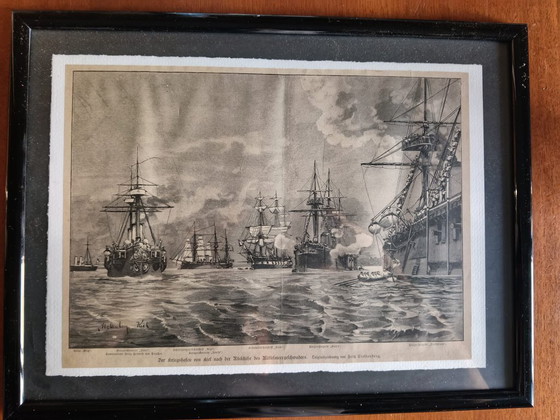 Image 1 of Grabado antiguo - Puerto de Kiel (ca. 1890) con marco