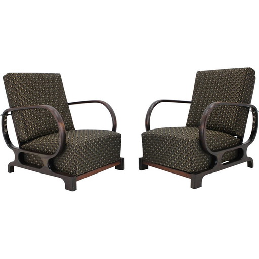 Paire de fauteuils Art déco en hêtre teinté et tissu, Tchécoslovaquie 1930