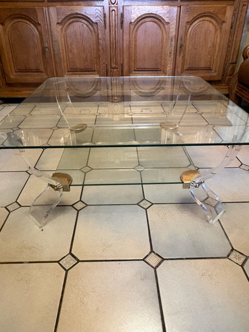 Vintage Curvasa Muebles salontafel – glas, plexiglas en messing – jaren 70/80